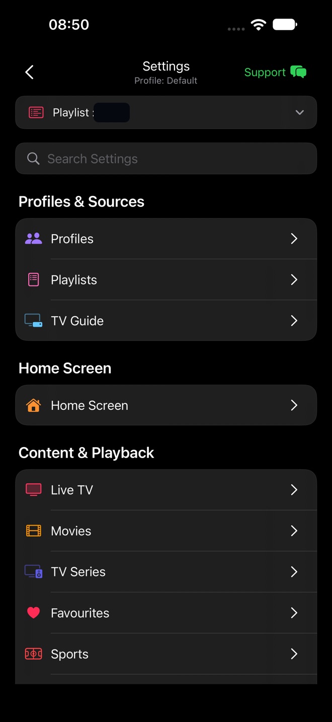 Settings on iPhone with playlist switcher, search field, and the Profiles and Sources, Home Screen, and Content and Playback groups.