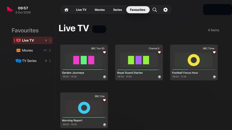 Favourites with Live TV selected, showing four favourite channels with the programme on now.