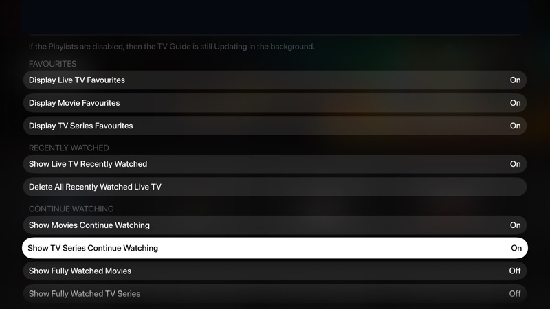Home options overlay shown after pressing Play/Pause, with favourites, recently watched, and continue watching controls.