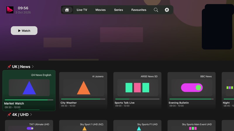 Home screen scrolled below the featured title, showing pinned Live TV category rows with the programme on now on each channel.