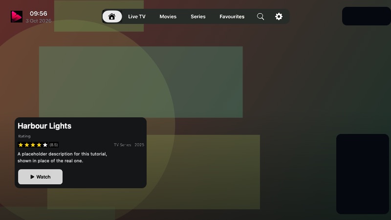 Snappier IPTV Home screen with the top tab bar and a featured title with a Watch button.