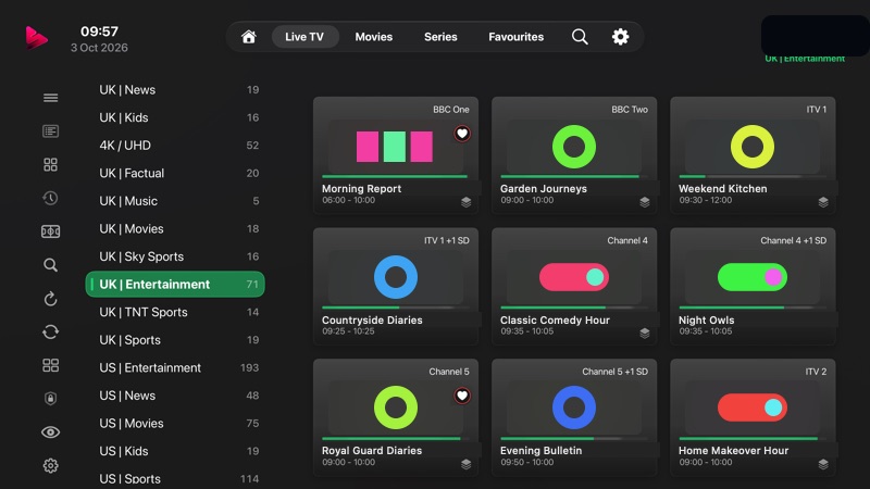 Live TV categories sidebar shown after pressing Play/Pause from the channel grid.