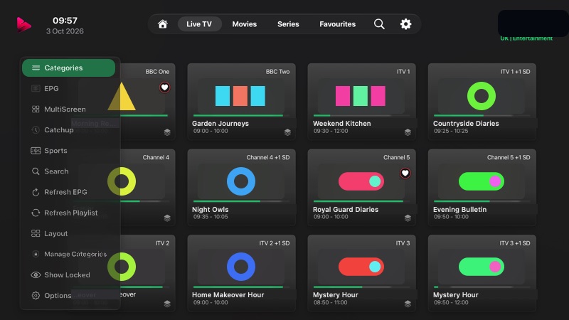 Live TV with the tools panel open: Categories, EPG, MultiScreen, Catchup, Sports, Search, Refresh EPG, Refresh Playlist, Layout, Manage Categories, Show Locked, and Options.
