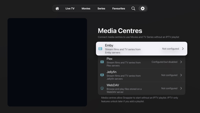 Media Centres settings with Emby, Plex, Jellyfin, and WebDAV and their setup status, with account information redacted.