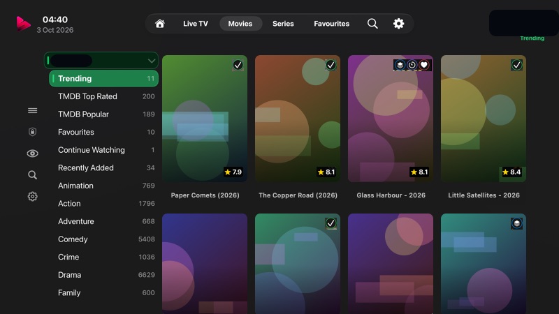 Movies categories sidebar shown after pressing Play/Pause from the poster grid.