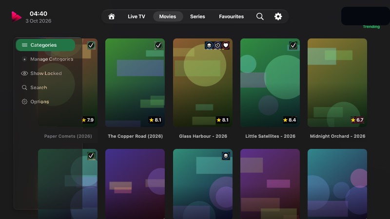 Movies tab with poster grid and the left tools panel open.
