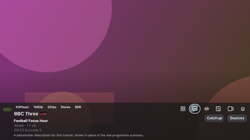 Player info bar showing channel, stream details, the current programme with episode and description, and player buttons.