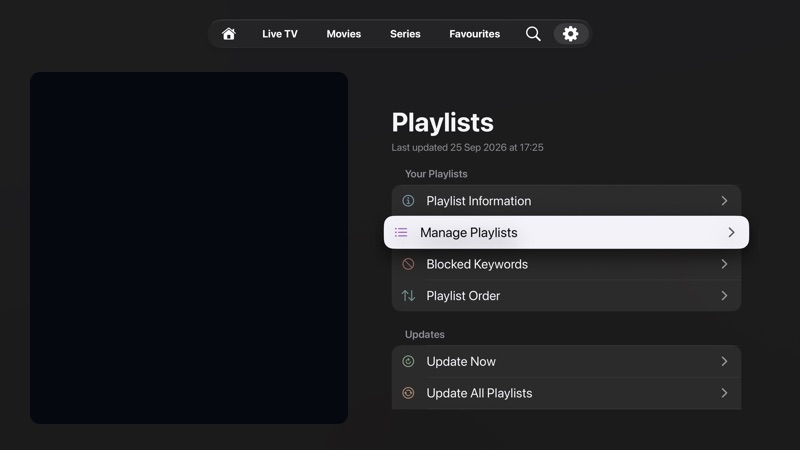 Playlists settings with playlist management and update controls.