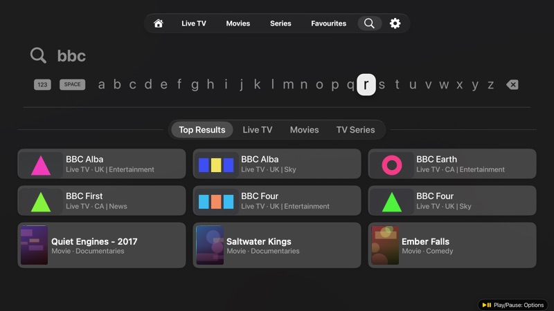 Search tab with tvOS keyboard, result tabs, and Live TV results.