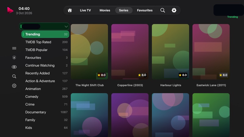 Series categories sidebar shown after pressing Play/Pause from the poster grid.