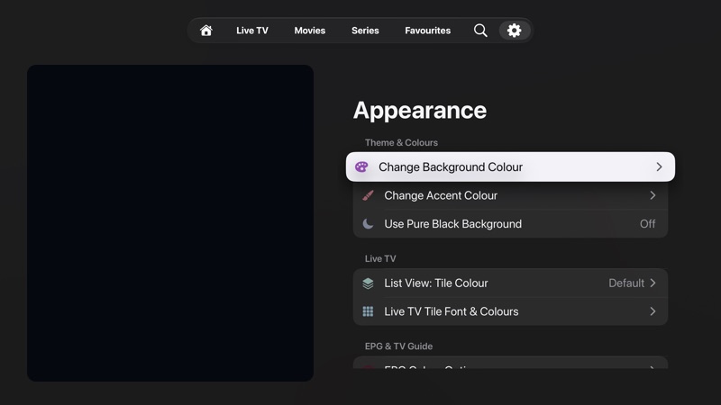 Appearance settings with background, accent, Live TV, EPG, and navigation controls.