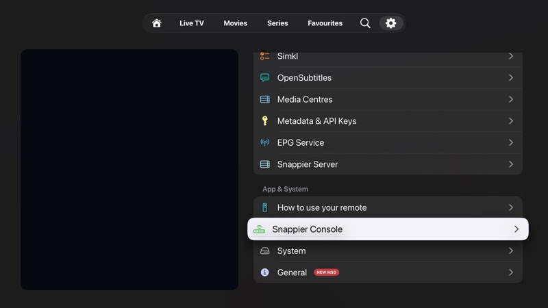 Settings scrolled to Snappier Console and related system options.