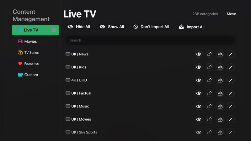 Content Management screen showing Live TV categories, bulk hide and import actions, search, per-category icons, and Move.