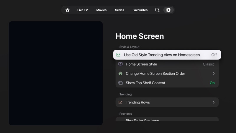 Home Screen settings showing Style and Layout options, Home Screen Style, section order, Top Shelf, and Trending Rows.