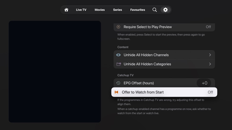 Live TV settings showing content actions and catchup TV options including EPG offset and watch from start.