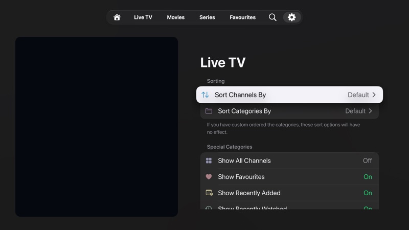 Live TV settings showing sorting and special category settings.