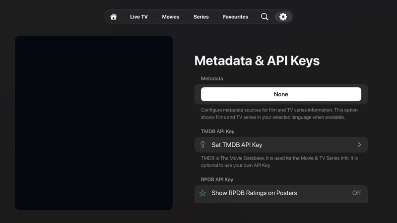 Metadata settings with metadata language and TMDB API key controls.