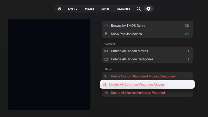 Movie settings showing actions for reordered categories, continue watching, watched movies, hidden movies, and hidden categories.