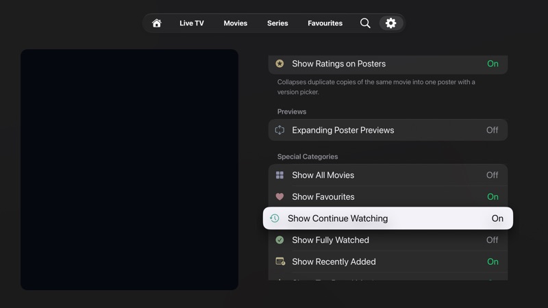 Movie settings showing hero carousel, continue watching, fully watched, recently added, top rated, popular, and content options.