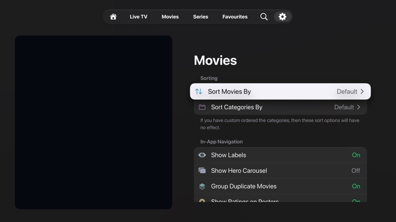 Movie settings showing sorting and label options.