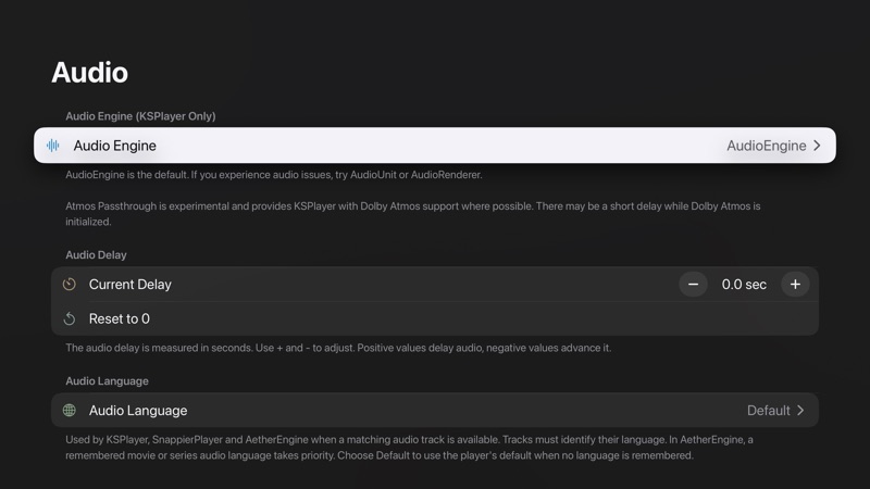 Audio playback settings with audio engine, audio delay, and preferred audio language.