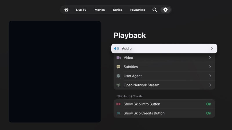 Playback settings overview with Audio, Video, Subtitles, User Agent, Open Network Stream, and skip intro controls.