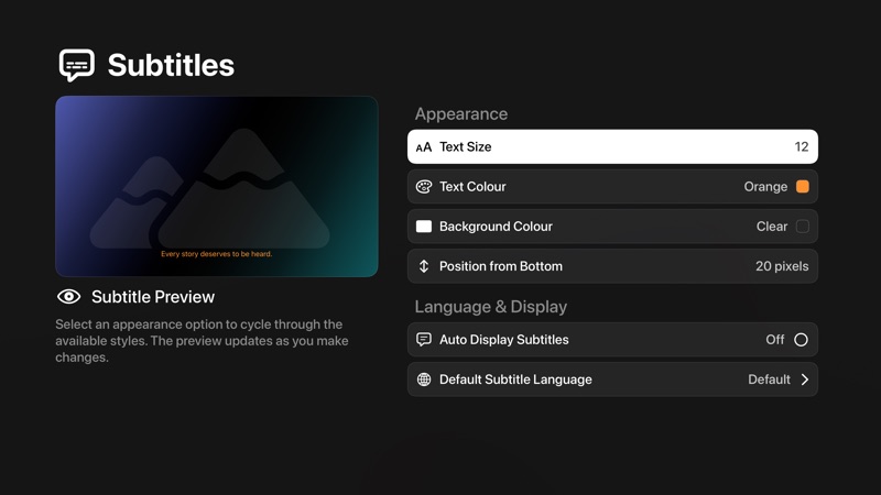 Subtitle settings with a subtitle preview, appearance options, auto display, and default subtitle language.