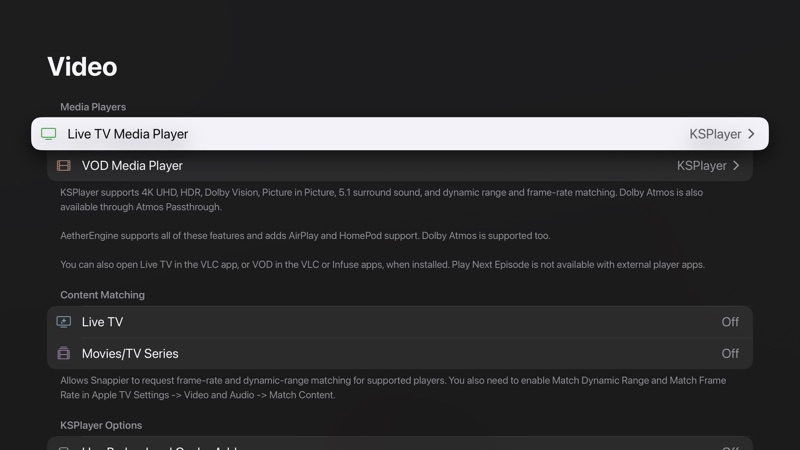 Video playback settings with Live TV and VOD media player selectors, player notes, and Content Matching.