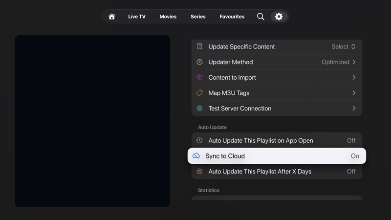 Playlist settings showing content to import, Map M3U Tags, test server connection, auto update, cloud sync, scheduled update, and all playlist stats.