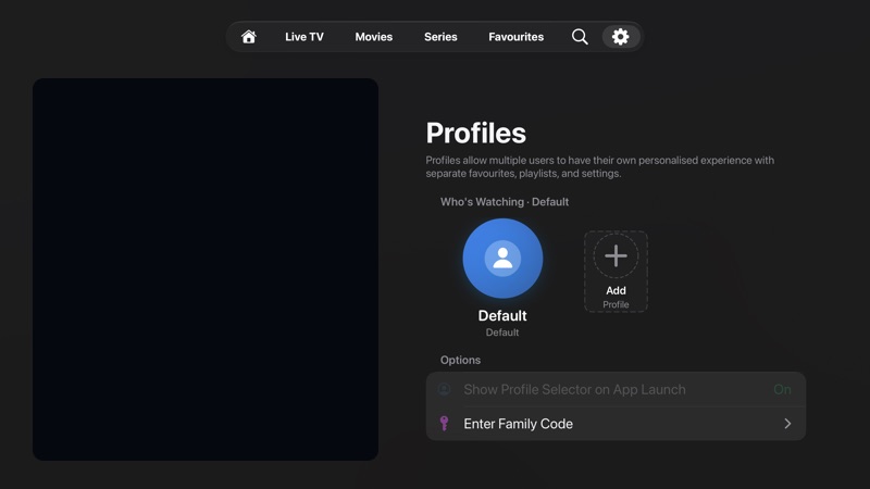 Profiles settings showing profile explanation, current profile, Add Profile, profile selector, and family code options.
