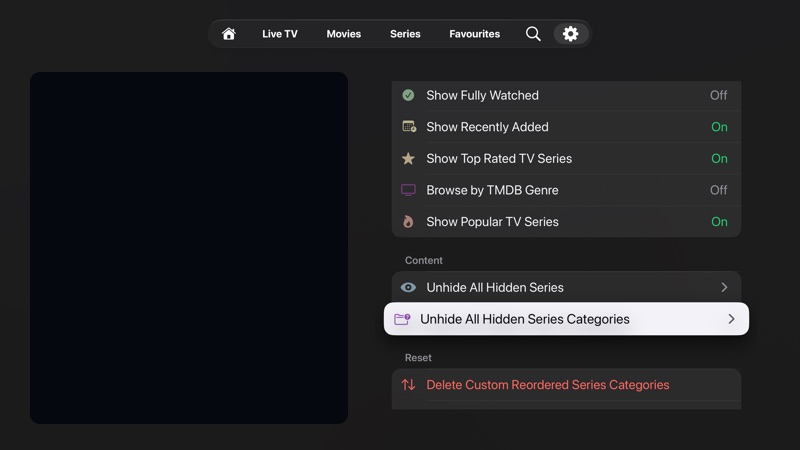 TV Series settings showing category toggles, dropped series, watched series, and hidden series actions.