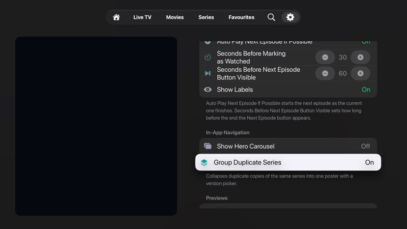 TV Series settings showing episode playback timing, labels, episode layout, and category controls.