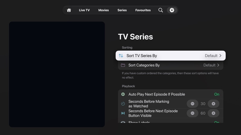 TV Series settings showing sorting and auto play next episode.