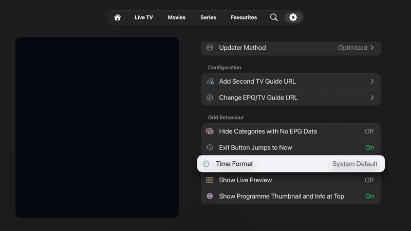TV Guide settings showing guide URL, grid behaviour, live preview, beta TV Guide, and past programmes.