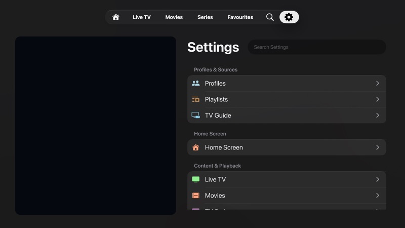Settings list with a search field and grouped rows for Profiles, Playlists, TV Guide, Home Screen, Live TV, and Movies, with account information redacted.