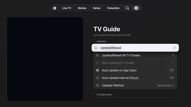 TV Guide settings with update and configuration options.