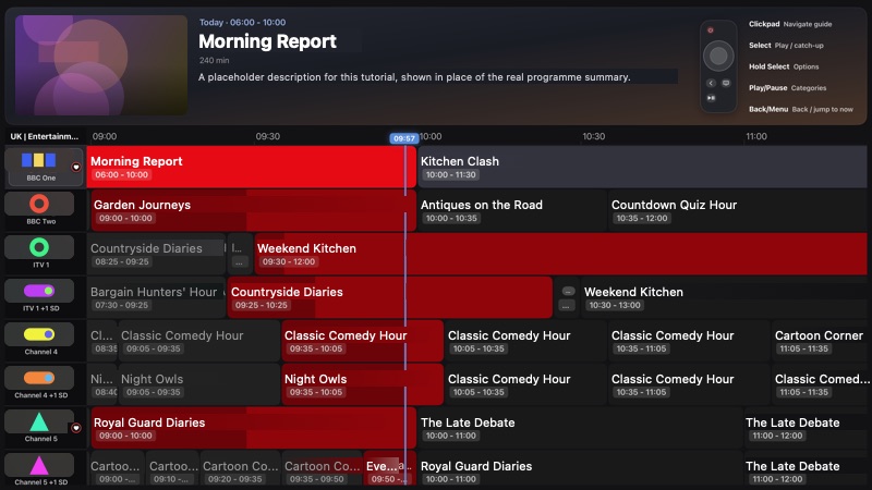 TV Guide with the selected programme at the top, a remote shortcut legend, and a programme grid with a current-time line.
