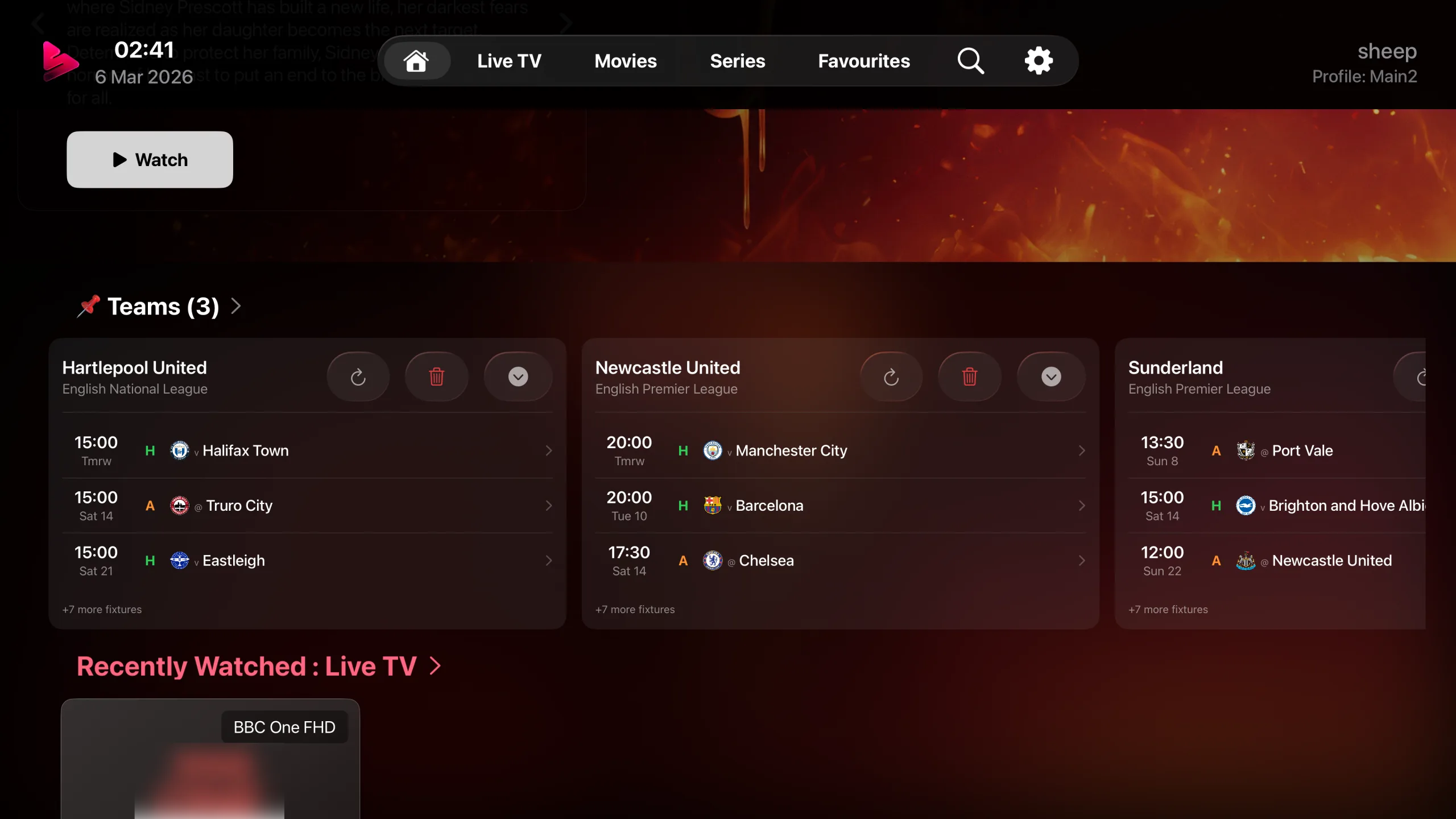 Snappier IPTV home screen on Apple TV with pinned teams